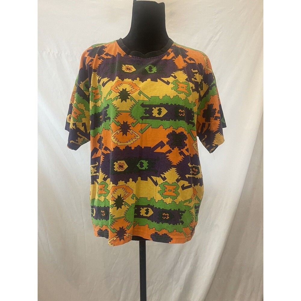Vintage Jun USA Neon Abstract Pattern Retro 80s 90s Funky Geometric Tee